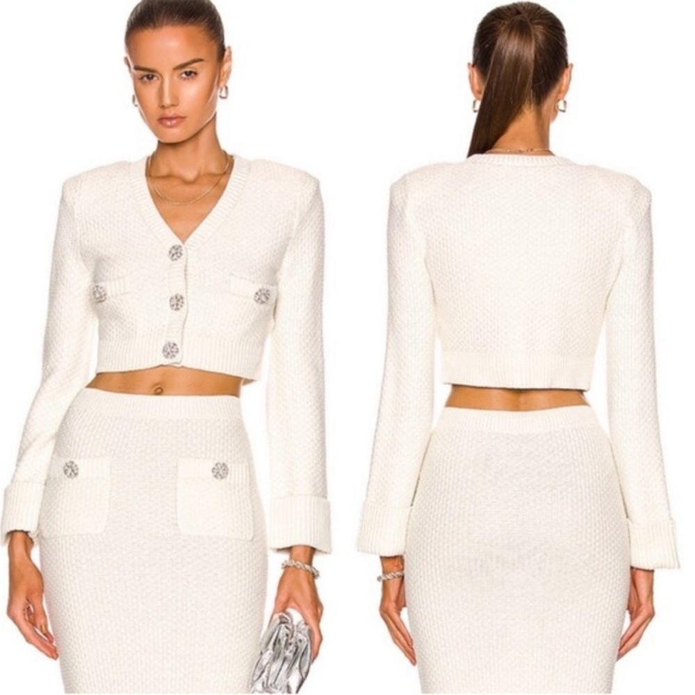 Self-Portrait Cardigan Cropped Faux-Pearl Embellishment in Ivory White